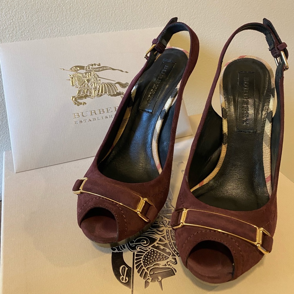 Burgundy Suede Burberry Stilettos with Original Box